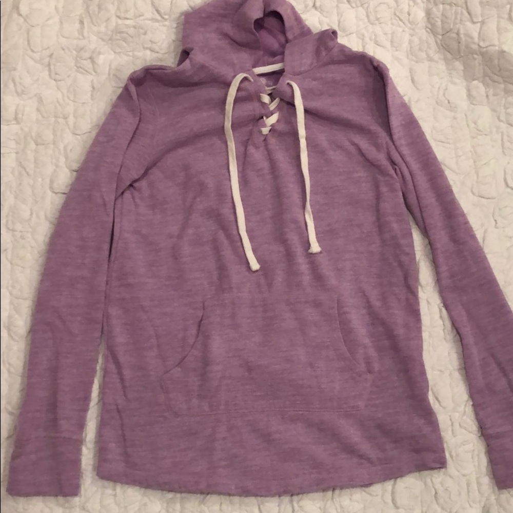Purple hoodie with white v-neck tie strings
